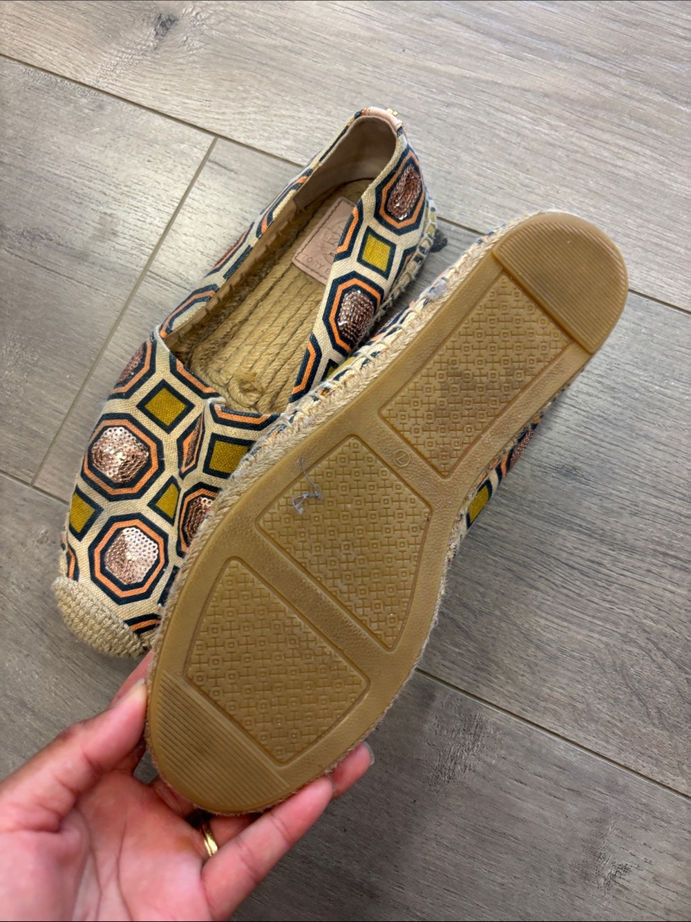Geometric Espadrille Slip-Ons in Navy and Tan - Picture 4 of 8
